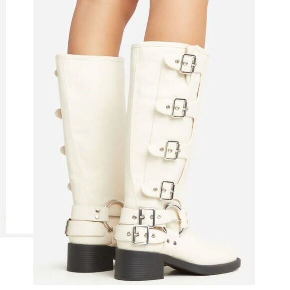 CREAM WHITE MOTO COMBAT BIKER BUCKLE BOOTIES - Picture 2 of 6